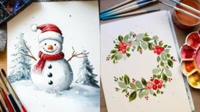 Watercolor Christmas art: snowman with red hat and scarf, festive wreath with red berries and green leaves.