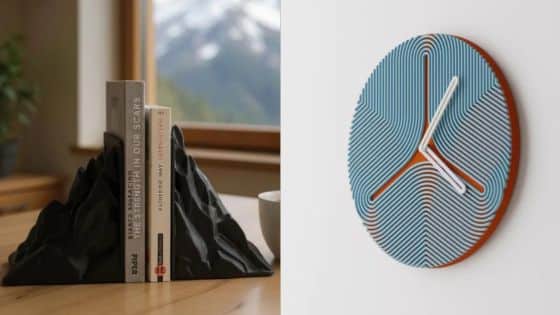 Viewing Deck Blog - 2025-09-25T103124913 Mountain-shaped bookends with books next to a modern blue clock on a white wall. Minimalistic home decor. | Sky Rye Design Mountain-shaped bookends with books next to a modern blue clock on a white wall. Minimalistic home decor.