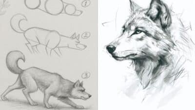 Step-by-step wolf drawing guide and detailed wolf sketch, showcasing artistic progression and techniques.