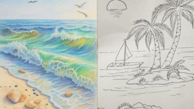 Colorful beach scene with waves and seashells beside a black and white drawing of palm trees and a sailboat.