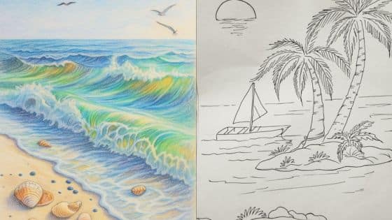 Viewing Deck Blog - 2025-09-25T150602461 Colorful beach scene with waves and seashells beside a black and white drawing of palm trees and a sailboat. | Sky Rye Design Colorful beach scene with waves and seashells beside a black and white drawing of palm trees and a sailboat.