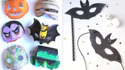 Halloween masks and crafts, featuring pumpkin, vampire, bat, skull, and Frankenstein designs on a white background.