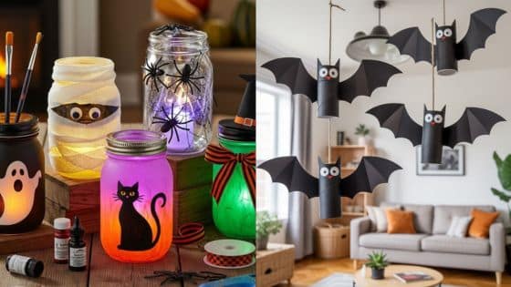 Viewing Deck Blog - 2025-09-29T165227595 Halloween DIY crafts: Painted jars with ghosts and cats, paper bats hanging in a living room, festive decorations. | Sky Rye Design Halloween DIY crafts: Painted jars with ghosts and cats, paper bats hanging in a living room, festive decorations.
