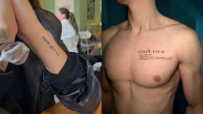 Two tattoos: 'never give up' on an arm and 'Carpe Diem' on a chest. Inspirational body art designs.