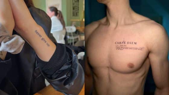 Viewing Deck Blog - 2025-09-30T194022733 Two tattoos: 'never give up' on an arm and 'Carpe Diem' on a chest. Inspirational body art designs. | Sky Rye Design Two tattoos: 'never give up' on an arm and 'Carpe Diem' on a chest. Inspirational body art designs.