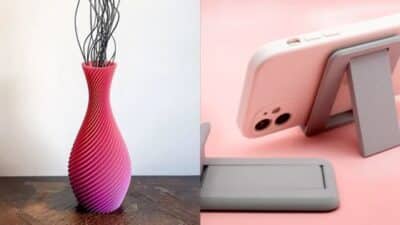 Red spiral vase on left, smartphone with stand on right, pink background. Modern design and tech contrast.