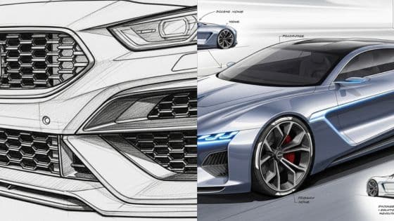 Concept car designs showcasing detailed front view and sleek side profile.