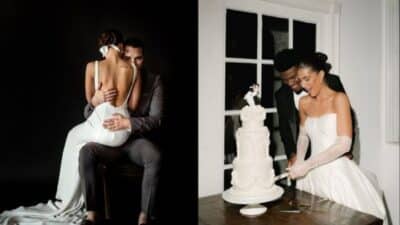 Elegant wedding couple embracing and cutting cake, celebrating their special day with style and romance.