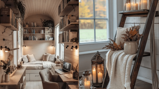 Viewing Deck Blog Cozy reading nook with built-in shelves and desk, candles and decor creating a warm, inviting atmosphere. | Sky Rye Design Cozy reading nook with built-in shelves and desk, candles and decor creating a warm, inviting atmosphere.