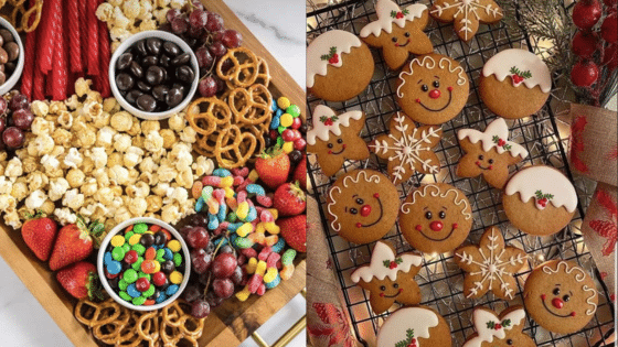 Viewing Deck Blog Holiday snack board with popcorn, pretzels, candy; gingerbread cookies decorated with icing on a cooling rack. | Sky Rye Design Holiday snack board with popcorn, pretzels, candy; gingerbread cookies decorated with icing on a cooling rack.