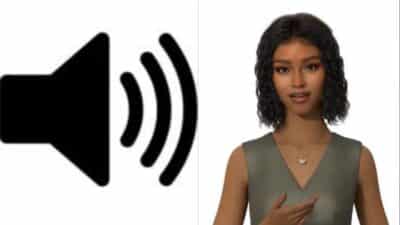 Illustration of a volume icon and a virtual avatar gesturing, signifying audio and interactive technology.