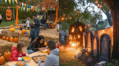 Kids enjoying a Halloween festival with pumpkin decorations alongside a spooky graveyard scene at night.
