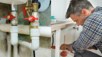 Plumber fixing a clogged kitchen sink pipe with a plunger, next to close-up of plumbing valves and pipes.