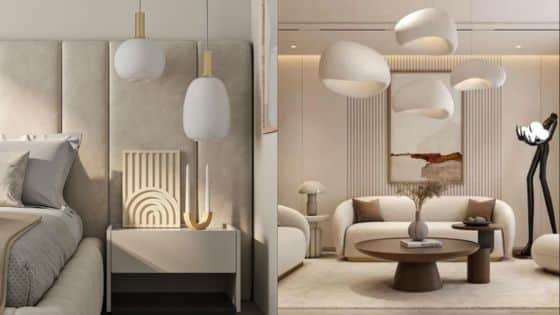 Modern bedroom and living room with minimalist decor, neutral tones, and stylish lighting fixtures.