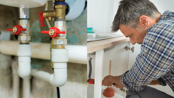 Viewing Deck Blog Plumber fixing a clogged kitchen sink pipe with a plunger, next to close-up of plumbing valves and pipes. | Sky Rye Design Plumber fixing a clogged kitchen sink pipe with a plunger, next to close-up of plumbing valves and pipes.