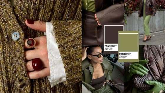 Collage of fashion items in earthy tones, highlighting Pantone colors Coffee Bean and Green Olive, with accessories.