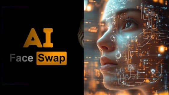 AI Face Swap concept with digital circuitry overlay on person's face.