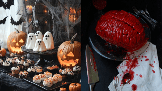 Viewing Deck Blog Halloween treats display with ghostly marshmallows, cupcakes, carved pumpkins, and a realistic brain cake. Spooky decor. | Sky Rye Design Halloween treats display with ghostly marshmallows, cupcakes, carved pumpkins, and a realistic brain cake. Spooky decor.