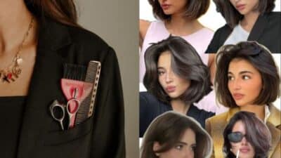 Styling tools in pocket and fashionable women with trendy bob haircuts, showcasing diverse chic hairstyles.