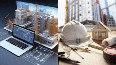 Architectural design and construction planning, featuring blueprints, laptop, hard hat, and building models.