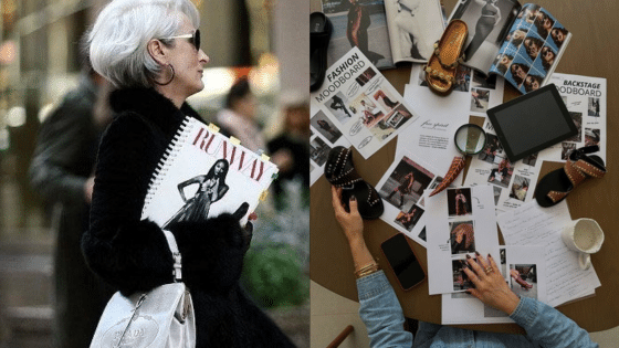 Fashion editor holding magazine; fashion moodboard with laptop, phone, and coffee on a desk.
