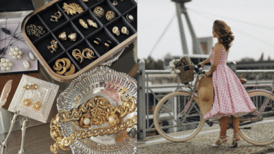 Elegant jewelry collection and woman in pink checkered dress with bicycle by a bridge.