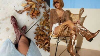 Two stylish women in cowboy boots: one in red boots with leaves, another seated in patterned brown boots and sunglasses.