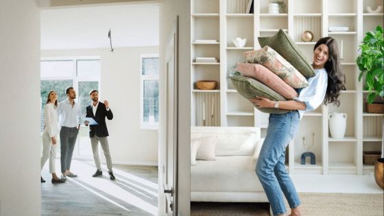 Real estate showing and home staging with a woman arranging cushions in a modern, bright living room.