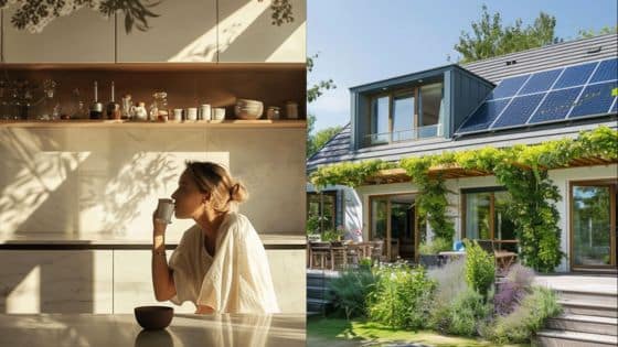 Woman enjoying coffee in a sunlit kitchen; eco-friendly house with solar panels and green garden in the background.
