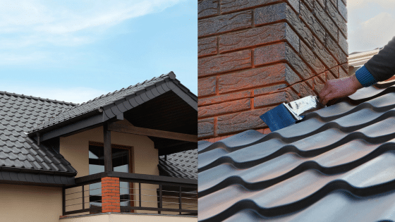Viewing Deck Blog 3 Modern house with metal roof and chimney, showing roofing maintenance with tools. | Sky Rye Design Modern house with metal roof and chimney, showing roofing maintenance with tools.