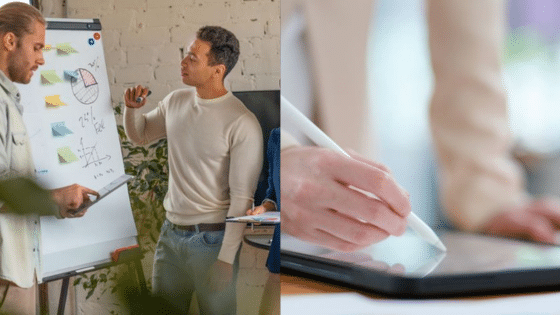 Viewing Deck Blog 3 Business meeting with charts on a flipchart and tablet writing with a stylus in a collaborative workspace. | Sky Rye Design Business meeting with charts on a flipchart and tablet writing with a stylus in a collaborative workspace.