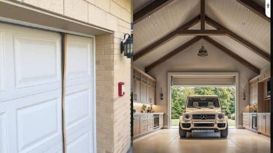 Left side shows a narrow garage door; right side features a spacious garage with a luxury SUV.