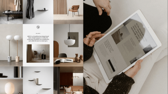 Modern interior design inspiration and tablet display, featuring minimalist furniture and neutral color palette.