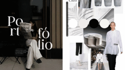 Fashion portfolio: woman reading, monochrome outfit, mood board with black and white patterns, and runway inspiration.