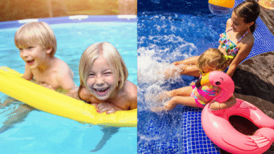 Kids enjoying a pool day with inflatables, laughter, and sunshine. Perfect summer fun in the water!