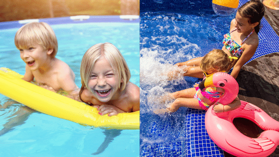 Kids enjoying a pool day with inflatables, laughter, and sunshine. Perfect summer fun in the water!