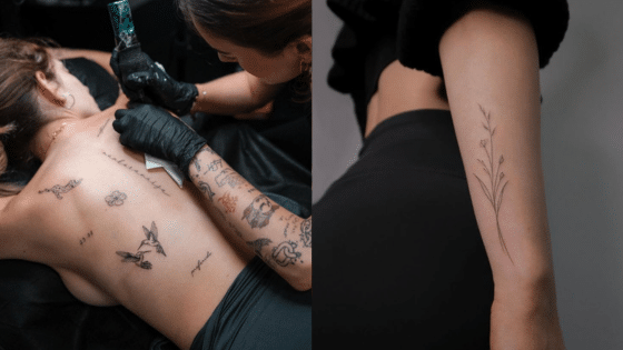 Viewing Deck Blog Tattoo artist working on back tattoos; floral arm tattoo design displayed nearby. | Sky Rye Design Tattoo artist working on back tattoos; floral arm tattoo design displayed nearby.