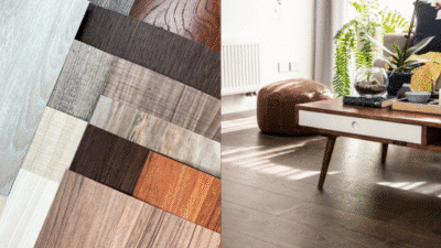 Wood flooring samples next to a furnished room with a wooden floor, coffee table, and plants.