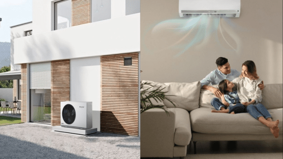 Modern home with outdoor heat pump and family enjoying air conditioning inside. Energy-efficient climate control.
