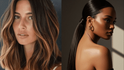 Two women showcasing different hairstyles: wavy with highlights and sleek ponytail, both with natural makeup.
