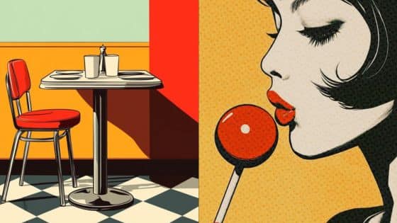 Retro diner scene with red chair and table next to pop art woman enjoying a lollipop.