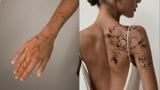Floral tattoos on arm and shoulder, showcasing intricate line art designs on skin.