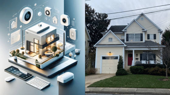 Smart home technology concept alongside a suburban house, showcasing modern connectivity and convenience.