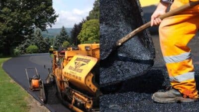 Road construction with machinery and workers laying fresh asphalt on a scenic road.