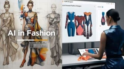 AI-driven fashion design process featuring digital sketches and garment creation on computer screens.