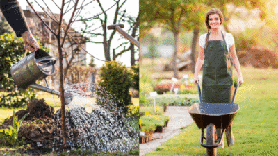 Gardening scene with a person watering a tree and a woman pushing a wheelbarrow in a vibrant garden setting.