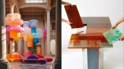 Colorful hanging installations in an architectural space and hands arranging textured tiles on the right.