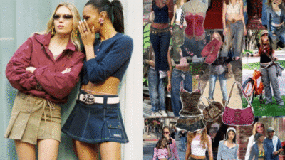 Y2K fashion collage featuring skirts, crop tops, and handbags, with two women in trendy outfits on the left.