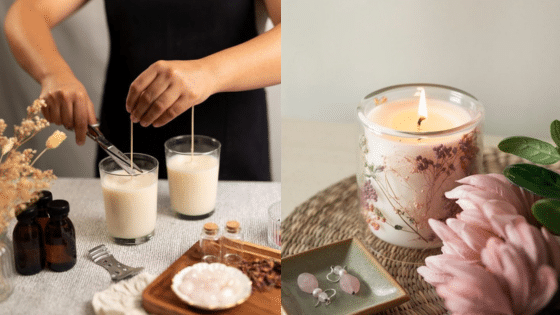 Person crafting soy candles and a lit floral candle with decor items nearby.