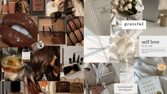 Viewing Deck Blog копия 1 Chic mood board featuring luxury fashion, beauty products, self-love quotes, and cozy home decor elements. | Sky Rye Design Chic mood board featuring luxury fashion, beauty products, self-love quotes, and cozy home decor elements.